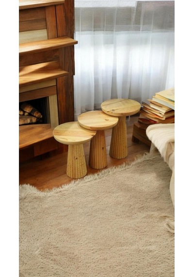 Wood Wooden Ahşap 3 Lü Set Fitilli Mantar Yan Sehpa Modern Fiskos / Çiçeklik / Zigon Sehpa Vernikli Ahşap