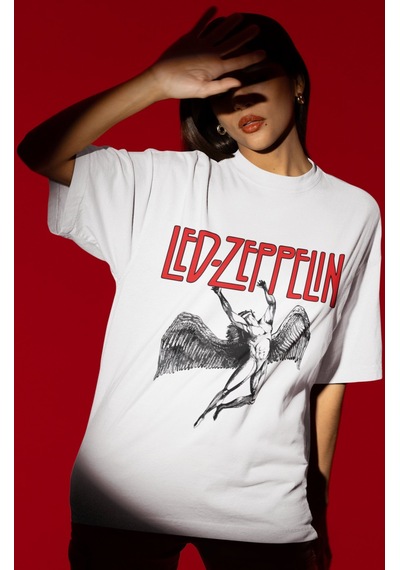 Tasarım Led Zeppelin Rock Metal Müzik Grubu Baskılı Unisex Oversi Beyaz