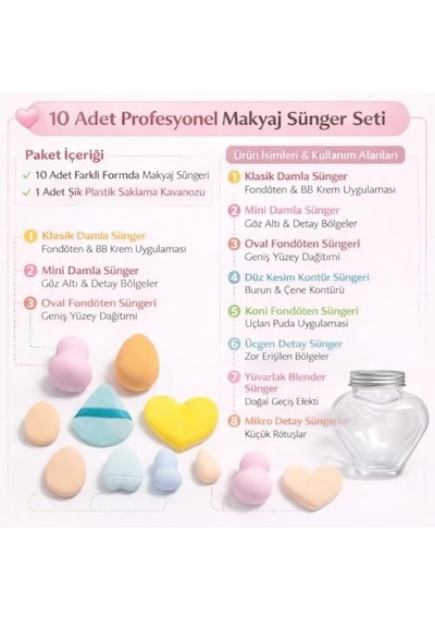 Tr 10 Adet Profesyonel Makyaj Süngeri Seti,fondöten, Kapatıcı, Kontür Ve Allık İçin Beauty Blender Süngerleri,