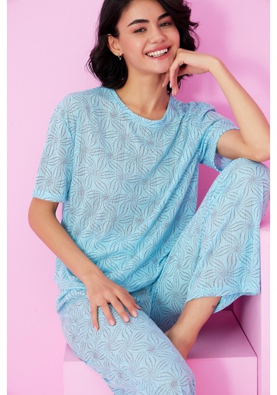 Siyah İnci Pointel Ajurlu/delikli Bisiklet Yaka Örme Pijama Takım mavi
