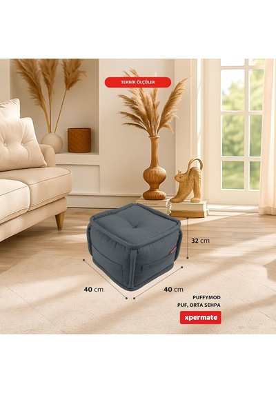 Xpermate Puffymod Dekoratif Kare Puf Orta Sehpa Ayak Uzatma Puf 40x32 Cm Gri Çok Renkli
