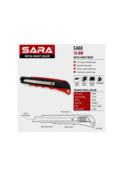 Sara S468 Metal Maket Bıçağı 18 Mm X 0,5 Mm Kırılabilir Bıçak, Alüminyum Gövde