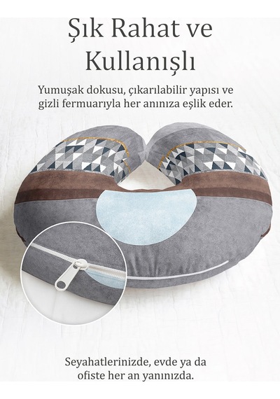 Geometrik Modern Gri Boyun Yastığı - Minimal Tarz Açık Mavi Krem Seyahat Yastığı Pastel Adaçayı Kehribar