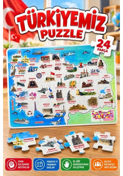 Türkiyemiz 24 Parça Eğitici Puzzle 68 48 Cm Türkiye Haritası Ve Şehirlerin Simgeleri Puzzle