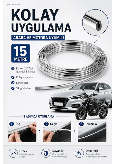 15 Metre U Tipi Elkamet Esnek Krom Kaplama Şeridi Araba Ve Motor Uyumlu