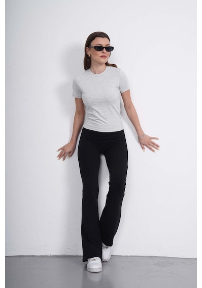 Crop Slim Fit Pamuk Likra Tişört-kar Melanj Kar Melanj