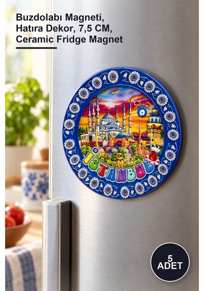 5 Adet İstanbul Temalı Seramik Magnet Buzdolabı Magneti, Hatıra Dekor, 7,5 Cm, Ceramic Fridge Magnet