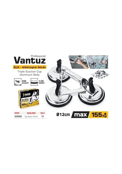 Sgs956 - 155 Kg Üçlü Vantuz Alüminyum Cam Seramik Fayans Ahşap Tutma Taşıma Vantuzu 12cm 12cm 12