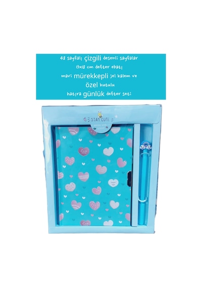 48 Sayfalı Çizgili Desenli Sayfalar 13x18 Cm Defter Ebatı Mavi Mürekkepli Jel Kalem Özel Kutulu 13