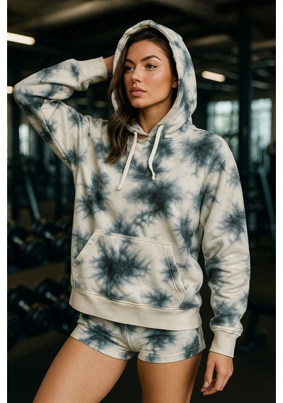 Kadın Batik Desen Renkli Oversize Relaxed Uzun Kollu Kapüşonlu Sweatshirt Çok Renkli
