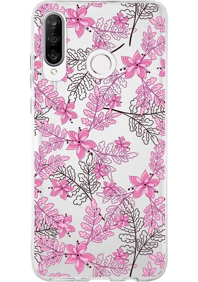 Huawei P30 Lite Uyumlu Kapak Floral Pembe Tasarımlı Şeffaf Silikon Kılıf
