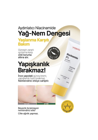 Yeppda %3 Niacinamide İçeren Aydınlatıcı Vegan Güneş Kremi Yeppda Niacinamide Sun Cream SPF50+ PA++++ 50ml