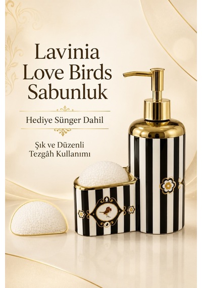 Kuş Motifli Gold Detaylı Çizgili Porselen Sıvı Sabunluk + Bulaşık Süngeri + Süngerlik Seti 500 Ml 20 X 15 X 7 Cm Beyaz - Siyah