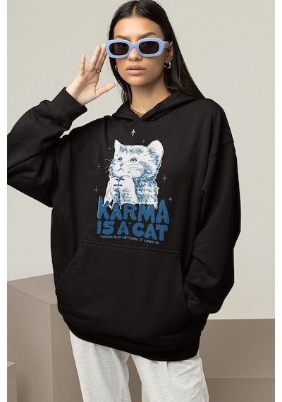Karma Is A Cat Yazılı Unisex Oversize Taylor Swift Hoodie Siyah
