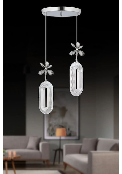 Led Alfa 2'li Gümüş 3 Renk Ledli Kristal Taşlı Modern Led Avize Krom