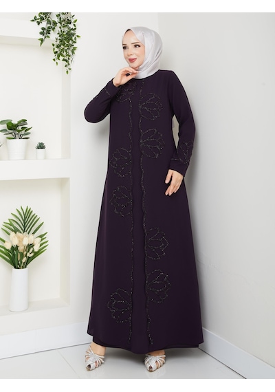 Eslemnur Lotus Çiçek Taşlı Büyük Beden Anne Elbisesi Mürdüm