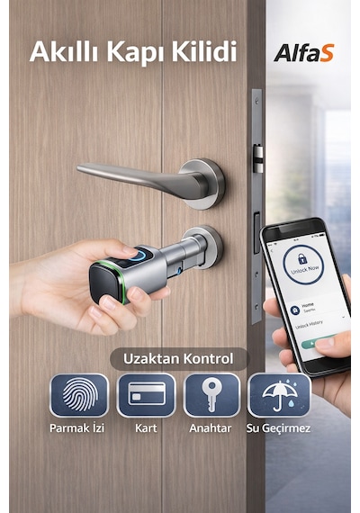 Parmak İzli Anahtarlı Kartlı Ve Uzaktan Kontrollü Pvc Ahşap Aliminyüm Uyumlu Akıllı Kapı Kilidi Gümüş