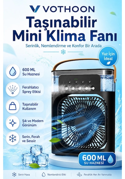 Taşınabilir Işıklı 5 Spreyli Vantilatör Buzlu Buharlı Vantilatör Mini Fan Nemlendirici Buharlı 600