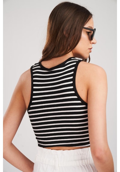 Trend Alisse Kadın Siyah Çizgili Halter Yaka Fitilli Crop Bluz Çizgili