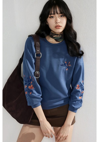 Fiolin Modal Dokulu İşlemeli Bisiklet Yaka Sweatshirt İndigo Mavi