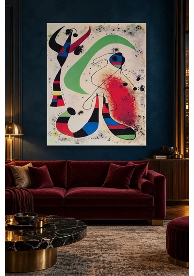 Fida Miro Yeşil Hilal Ve Kırmızı Lekeli Gece Canvas Tablo Çok Renkli