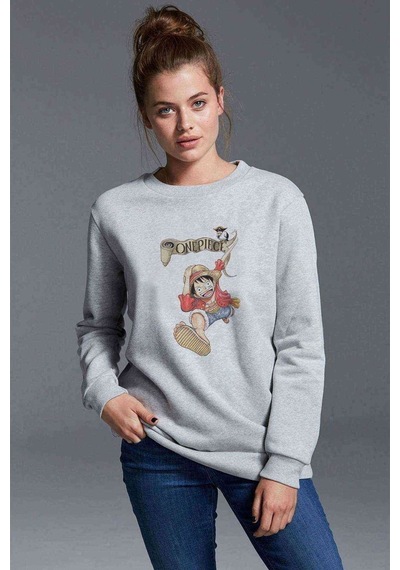 Anime One Piece Monkey Baskılı Gri Kadın Sweatshirt