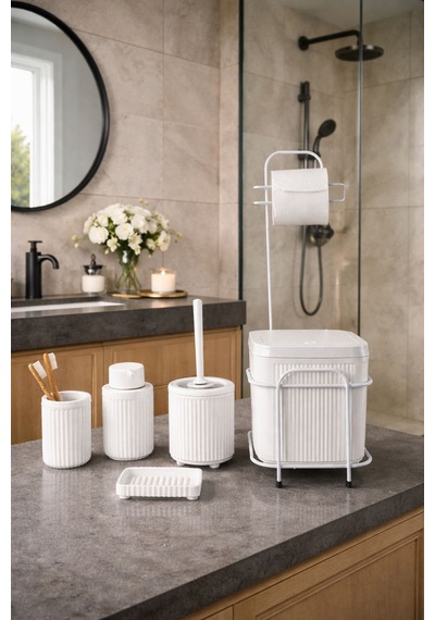 Modern Beyaz Standlı Banyo Aksesuar Seti -click Kapaklı Banyo Kovası, Sabunluk,diş Fırçalık Seti Antrasit