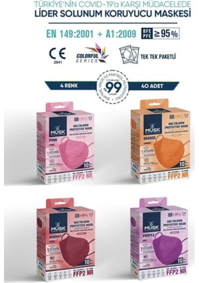 Musk Ffp2 Maske 40 Adet (Mor,Bordo,Turuncu,Pembe)