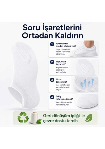 Genel Erkek Geri Dönüşüm İplikli 12 Li Görünmez Sneaker Çorap, İnce Dikişli, Nefes A Beyaz 12'li / 39-44
