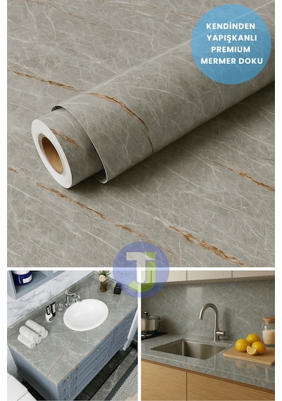 Technojet Kendinden Yapışkanlı Mermer Desen Folyo Tezgah Mutfak Banyo Duvar Kaplama 60cmx100cm