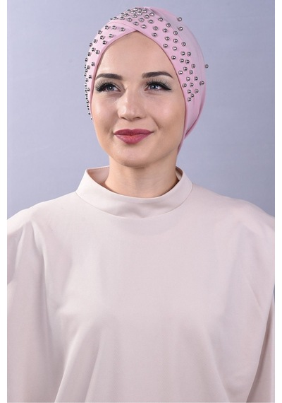 Melodi Scarf Kadın Tesettür İncili Taşlı Havuz Dış Bone Pudra Pudra