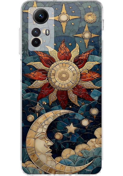 Printify Redmi Note 12s İle Uyumlu Vitray Sol Ve Luna Tasarımlı Şeffaf Silikon Kılıf Şeffaf
