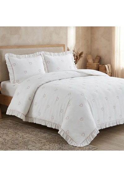 Love Nakışlı Elyaf Dolgulu Yatak Örtüsü Çift Kişilik 240x260 Beyaz