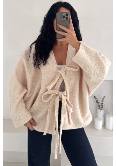Femelle Krem Bürümcük Bağlamalı Oversize Hırka Yarasa Kol Standart Beden