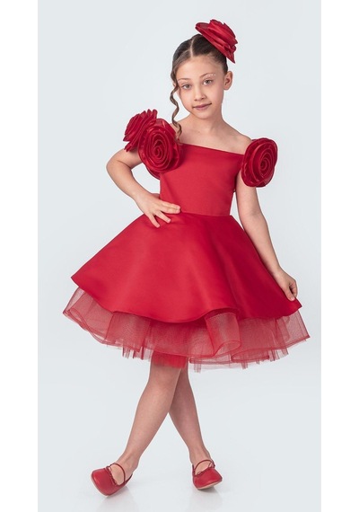 Mnk Baby & Kids Fanari Krep Saten Gren Destekli Kız Abiye M00735 Kırmızı