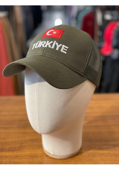 Hamze Türkiye Bayrak Nakışlı Pamuklu Unisex Cap Şapka Haki Yeşil
