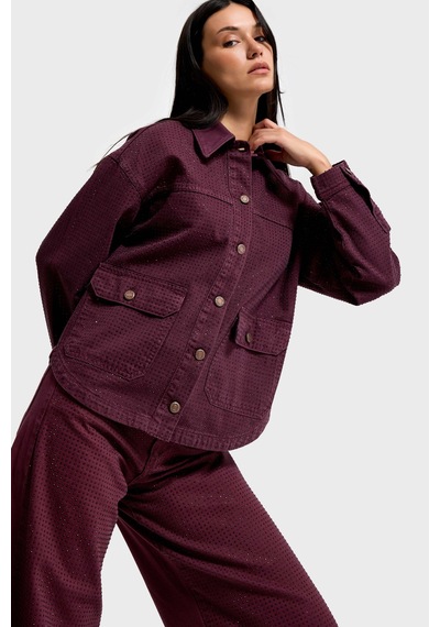 Kadın Bordo Renk T-6w5-122 Oversize Parlak Taşlı Özel Tasarım Denim Ceket