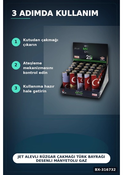 Jet Alevli Rüzgar Çakmağı Türk Bayrağı Desenli Manyetolu Gaz Dolumlu 1 Adet Bx-316732 Diğer