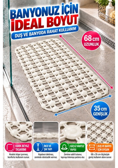 Crystal Kaymaz Vantuzlu Banyo Paspası Beyaz 68x35 Cm Islak Zemin Kaydırmaz Küvet Duşakabin Pvc Matı