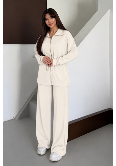 Balenbi Oversize Fermuarlı Beli Bağcıklı Polo Yaka Modal Kadın Takım 1196 - Premium Seri Ekru Balenbi Oversize Fermuarlı Beli Bağcıklı Polo Yaka Modal Kadın Takım 1196 - Premium Seri Ekru