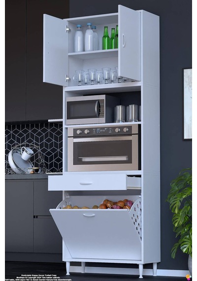 Belin 70 Cm Fırın Dolabı Kahve Köşesi Kapaklı Sepetli Mutfak Kiler Dolabı Banyo Dolabı 70x226x32 Cm Beyaz