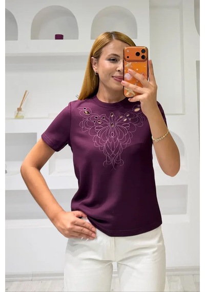 Fiolin Soft Touch Modal Kumaş Nakışlı Lazer Kesim T-shirt Mürdüm