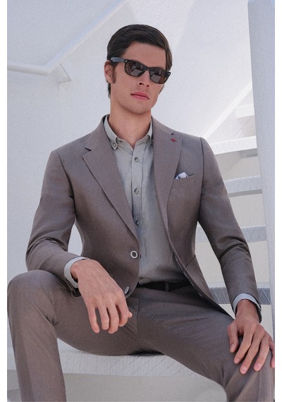 İmza Yeşil Mono Yaka Keten 6 Drop Slim Fit Yarım Astar %100 Keten Takım Elbise 1001260164 Açık Yeşil