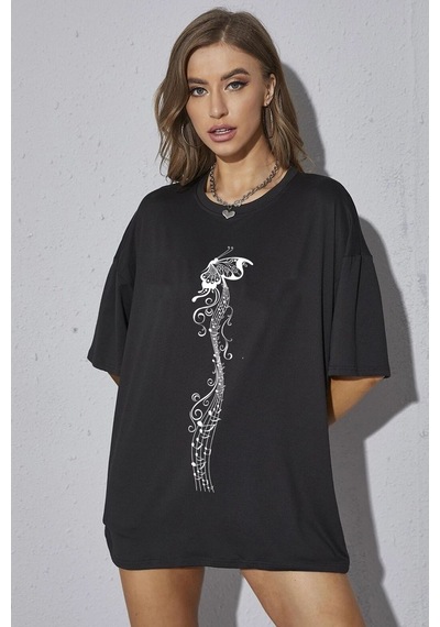 Unisex Butterfly Song Baskılı T-shirt Siyah