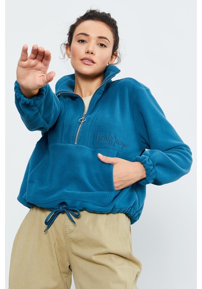 Tommy Life Zümrüt Yarım Fermuar Etek Ucu Büzgülü Kadın Polar Oversize Sweatshirt - 97171 Zümrüt Yeşili