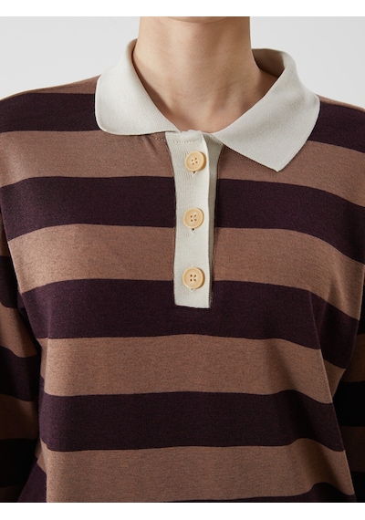 Lcwaıkıkı Classic Bordo Polo Yaka Çizgili Kadın Tişört