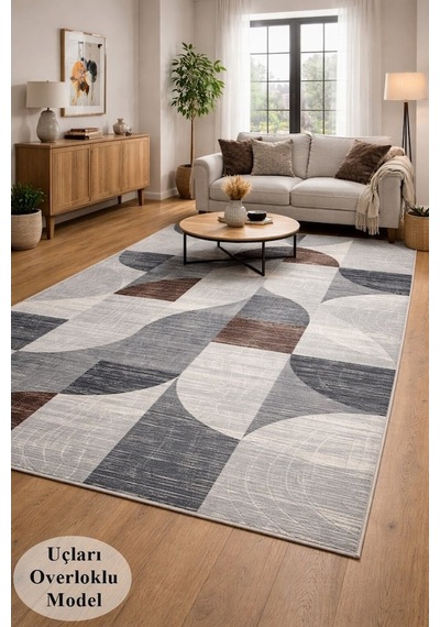 Kaymaz Taban Gri Kahve Modern Geometrik Yıkanabilir Salon Mutfak Koridor Yolluk Halı Gri-kahve