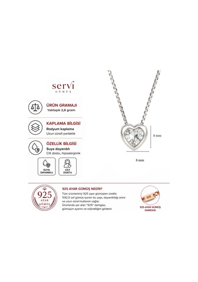 Servi 925 Ayar Gümüş Crystal Heart Tektaş Kalp Kolye-507