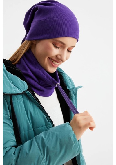 Kadın %100 Pamuklu Kaşkorse, Terletmez, Ultra Hafif Ve Yumuşak Bere Boyunluk Takım - Standart / Mor Mor