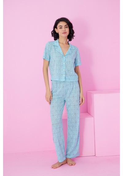 Siyah İnci Pointel Ajurlu/delikli Gömlek Yaka Örme Düğmeli Pijama Takım mavi